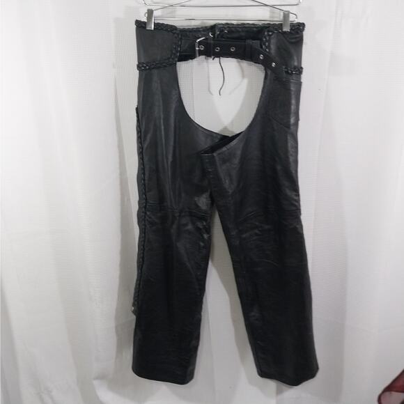 HUDSON LEATHER! BLACK GENUINE LEATHER, HEAVY DUTY BRAIDED DETAIL CHAPS! SZ XL - Picture 2 of 9